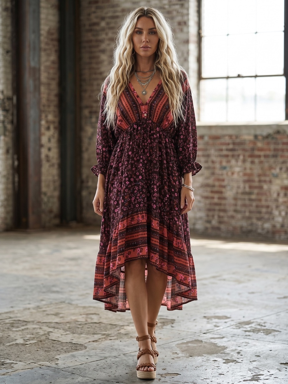 NWT UMGEE Boho Floral Print Tie Back High Low Asymmetrical Hi/Lo Dress - Picture 2 of 10